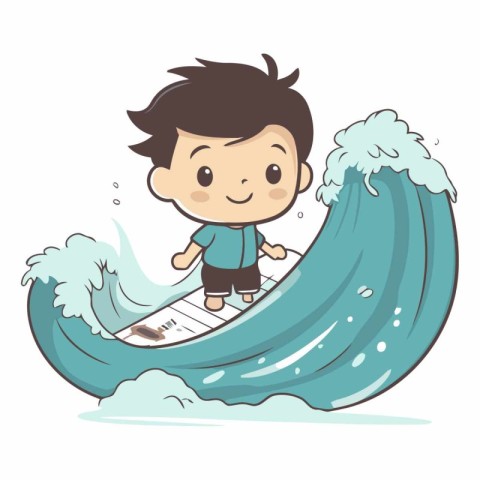 Boy surfing on a wave of a cartoon character.