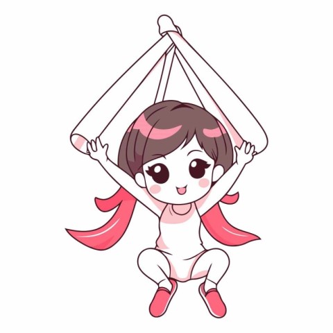 Illustration of a cute little girl practicing aerial yoga with a