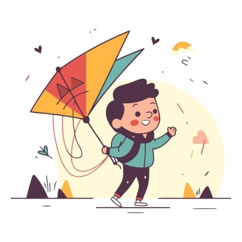 Cute boy with kite in cartoon style.