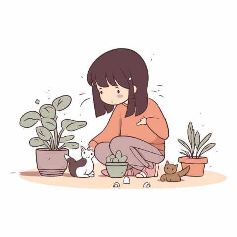 Little girl sitting with cat and houseplants.