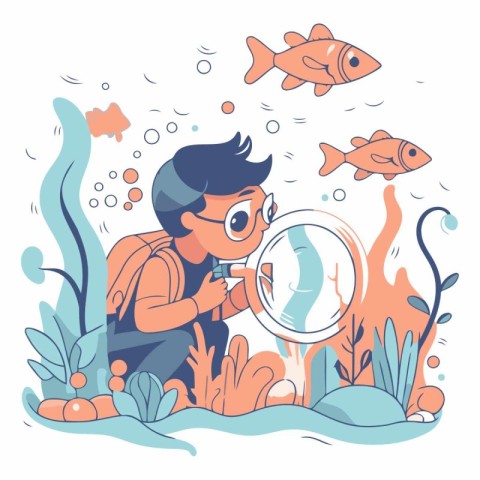 Vector illustration of man with magnifying glass looking at fish