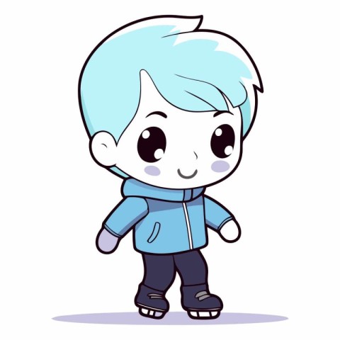 Cute little boy skating on ice in cartoon style.