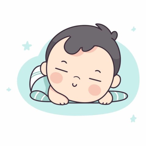 Cute baby boy lying on his stomach in cartoon style.