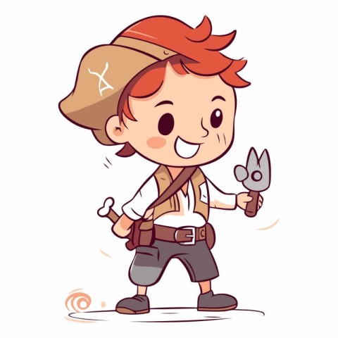 Cartoon boy with tools of a boy in a pirate costume.