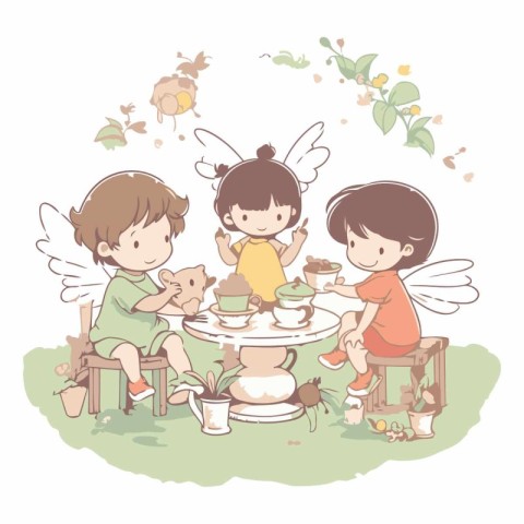 Cute little angels sitting at the table and drinking tea.