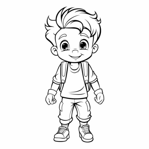 Cute school boy with backpack for coloring book.