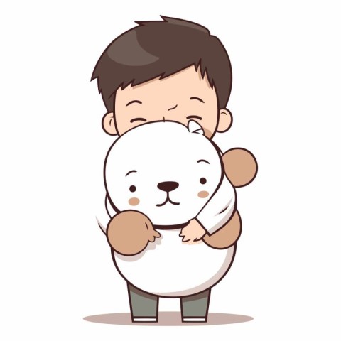 Cute little boy hugging a white bear on white background.