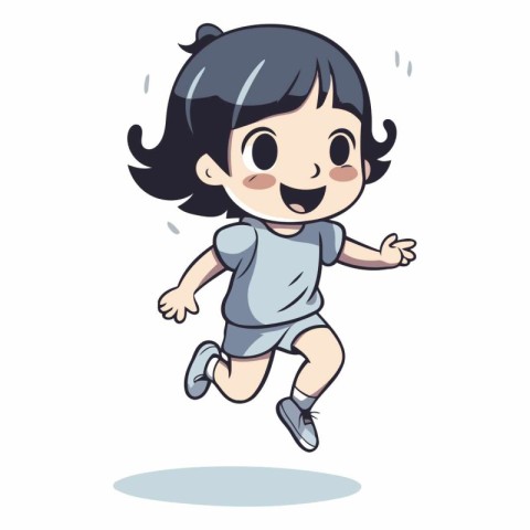 Cute little girl running and smiling in cartoon style.