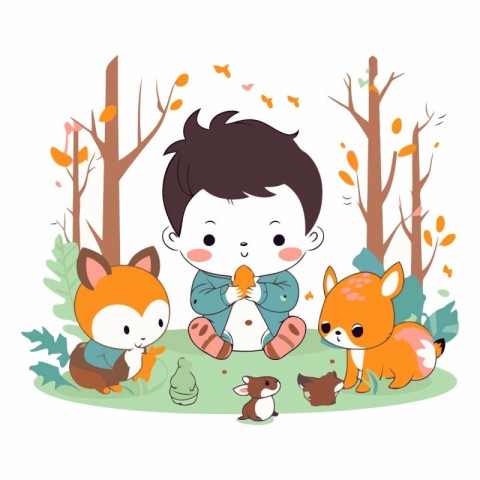 Cute little boy with foxes in the forest