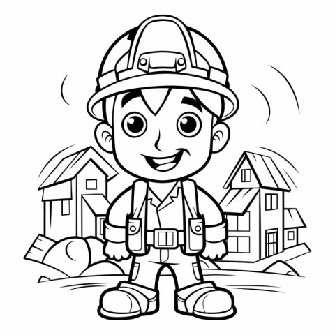 Black and White Cartoon Illustration of Kid Boy Construction Wor