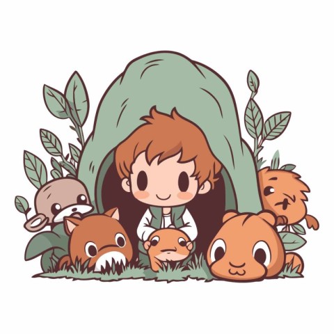 Illustration of a little boy playing with a group of wild animal