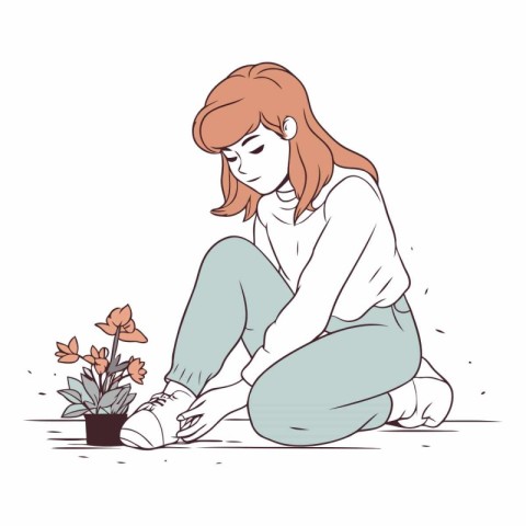 Illustration of a young woman sitting on the floor with a flower