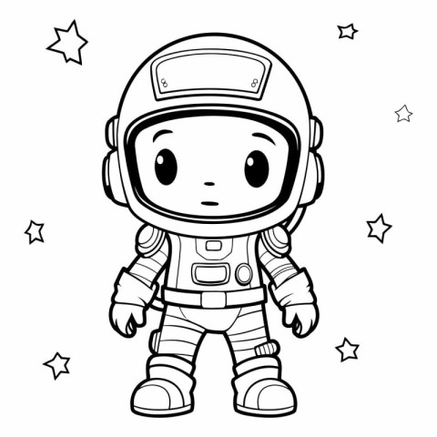 Black and White Cartoon Illustration of Cute Astronaut Character