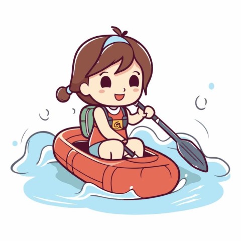 Illustration of a little girl paddling on an inflatable boat