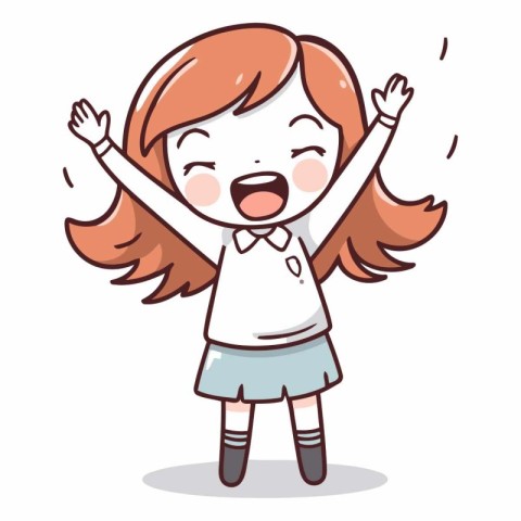 Cute little girl raising hands in cartoon style.