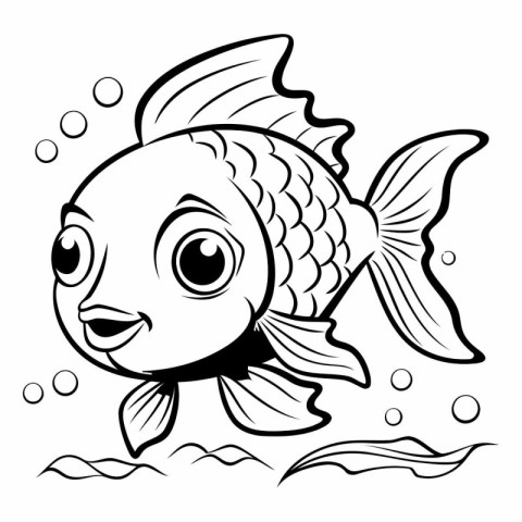 Black and White Cartoon Illustration of Cute Fish Animal Charact