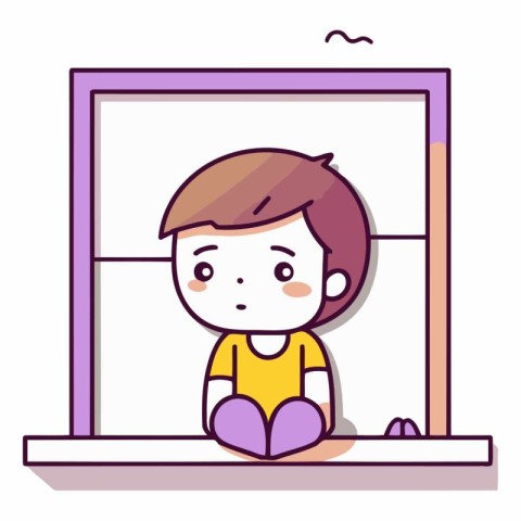 Cute little boy sitting on the window of a cartoon character.