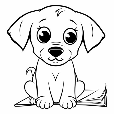 Cute Puppy with Book - Black and White Cartoon Illustration. Vec