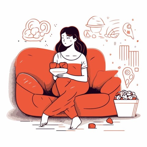 Young woman sitting on the sofa and eating popcorn.