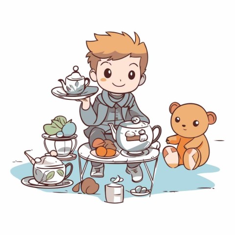 Illustration of a boy having tea party with his teddy bear