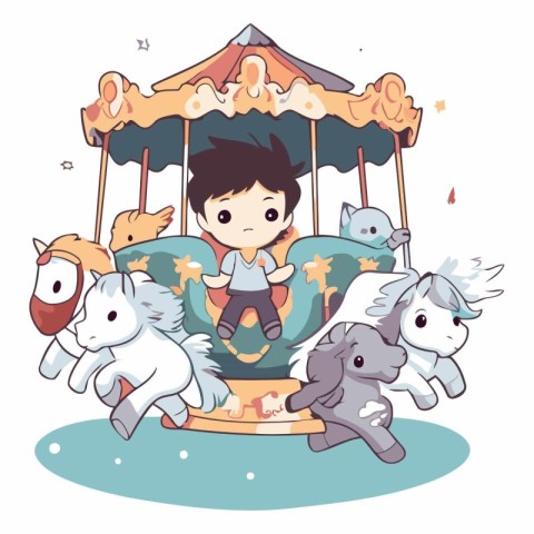 Cute cartoon boy riding a merry-go-round with horses