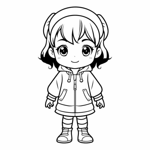 Cute little girl in winter clothes for coloring book.