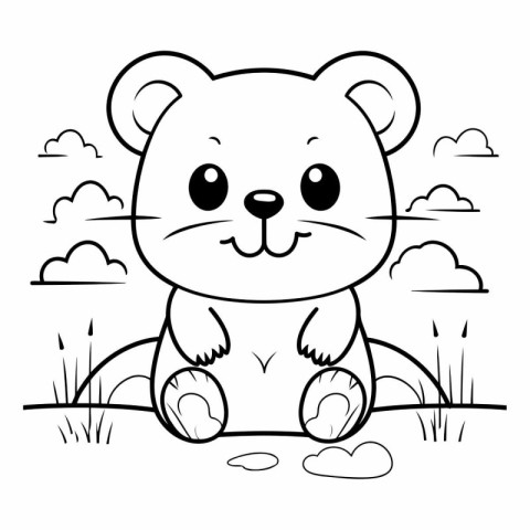 Cute cartoon bear sitting on the grass for coloring book.