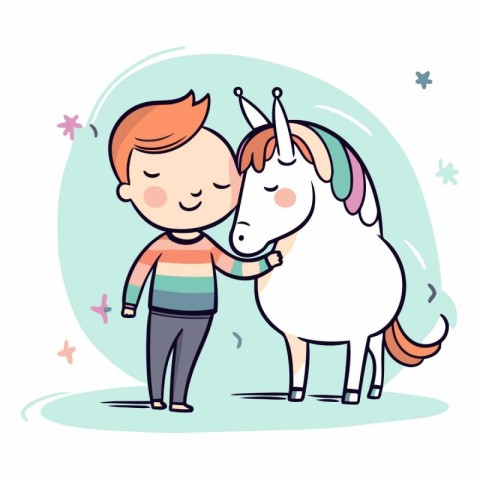 Cute cartoon boy hugging a unicorn for your design