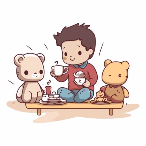 Cute little boy sitting at table with his teddy bears.