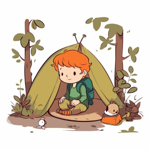 Illustration of a Little Red-haired Boy Sitting in a Tent