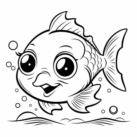 Black and White Cartoon Illustration of Cute Fish Animal Charact