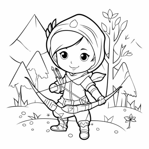 Coloring Page Outline Of a Cute Little Girl Archery