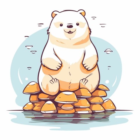 Polar bear sitting on the stone. Cute cartoon vector illustratio