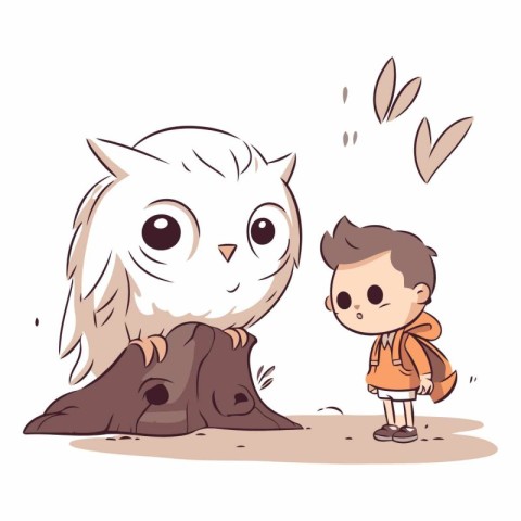 Illustration of a Cute Owl and a Little Boy in the Forest