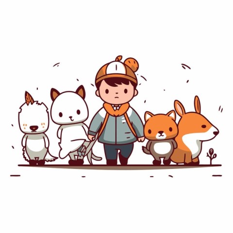 Vector illustration of a boy with his friends and animals. Cute