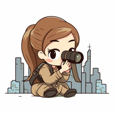 Girl photographer with camera on the background of the city