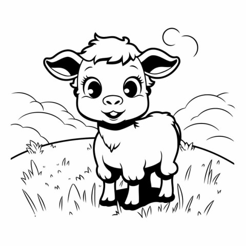 Black and White Cartoon Illustration of Cute Little Lamb Animal