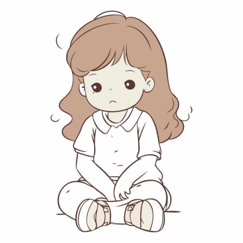 Illustration of a Little Girl Sitting Down on the Floor and Look