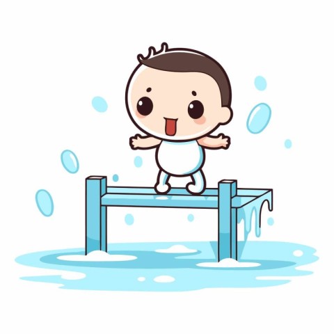 Cute little boy jumping over a hurdle in water.