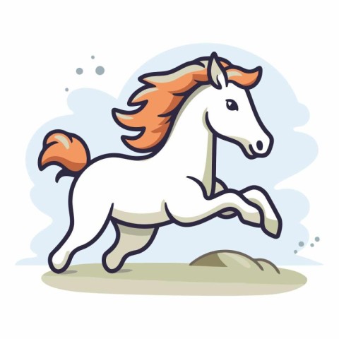 Running white horse. Cute cartoon doodle vector illustration.