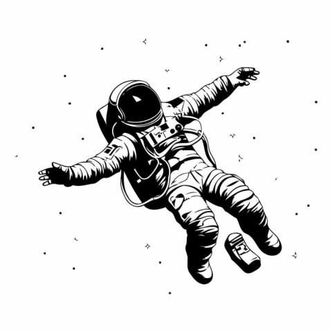 Astronaut flying in space. Black and white vector illustration.