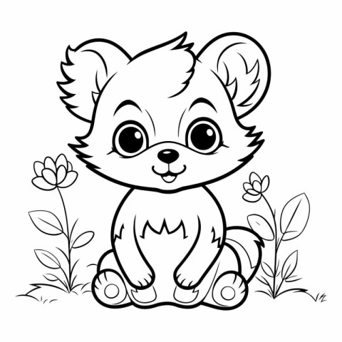 Cute cartoon bear sitting on the grass with flowers. Coloring bo