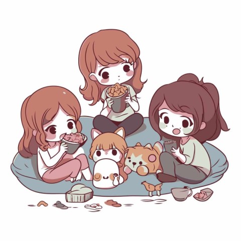 Illustration of a girl and her friends sitting on the floor.