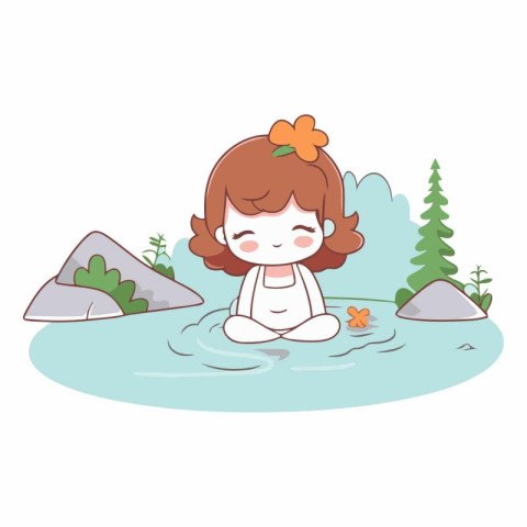 cute little girl in the river cartoon vector illustration graphi