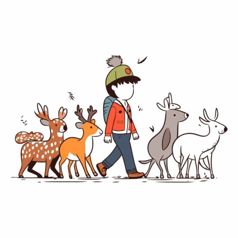 Cute little boy walking with deer in cartoon style.