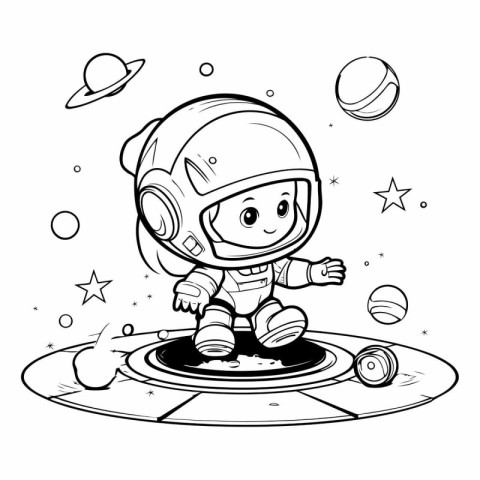 Black and White Cartoon Illustration of a Kid Astronaut Playing