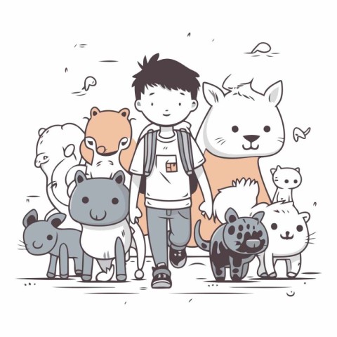 Cute little boy with group of animals. Hand drawn vector illustr