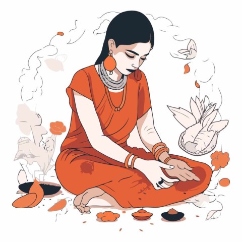 Vector illustration of Indian woman in traditional clothes. sitt