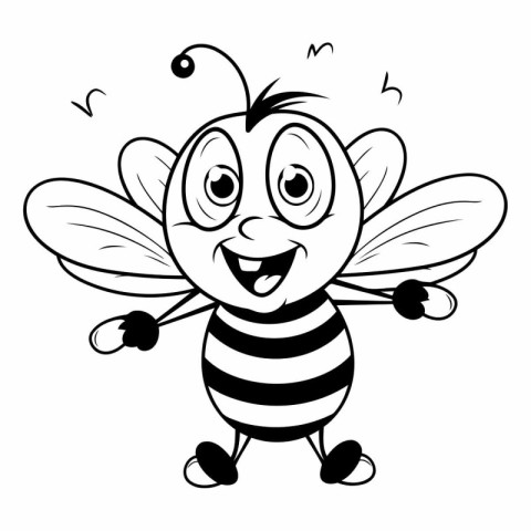 Black and white illustration of a happy cartoon bee flying and s