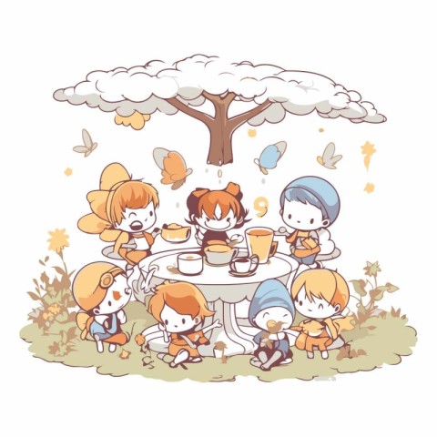 Illustration of a group of children having a picnic under a tree